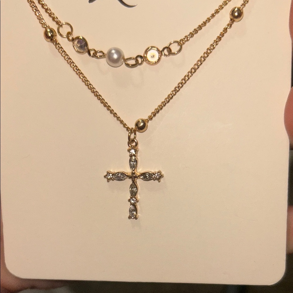 Gold Cross Pendant Necklace with Pearl Accents